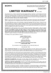 Sony ZS-BT1 Limited Warranty (U.S. Only)
