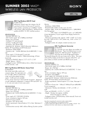 Sony PCWA-DE30 Summer 2003 Wireless Lan Specifications
