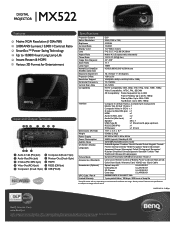 BenQ MX522 Specification Sheet for MX522