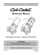 Cub Cadet 221 HP Single-Stage Snow Thrower 221 LHP Operator's Manual