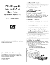 HP 383410-B21 Hot-Pluggable SAS and SATA Hard Drive Installation Instructions for HP ProLiant Servers