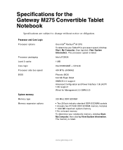 Gateway M275 Gateway M275 Notebook Specifications