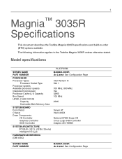 Toshiba Magnia 3035R Detailed specs for Magnia 3035R