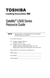 Toshiba Satellite U505-S2980-T Satellite U500 (PSU82U) Resource Guide