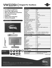 BenQ VW2235H Specification sheet for the VW2235H Monitor