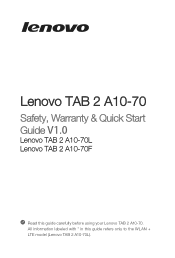 Lenovo Tab 2 A10-70 (English) Safety, Warranty & Quick Start Guide - Lenovo TAB 2 A10-70