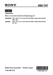 Sony DSC-TX7/L Correction to Instruction Manual