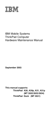 Lenovo ThinkPad A30 ThinkPad A30/p, A31/p Hardware Maintenance Manual (September 2003)