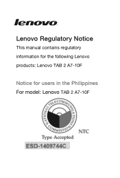 Lenovo Tab 2 A7-10 Lenovo TAB 2 A7-10 Regulatory Notice (Philippines)
