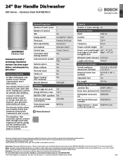 Bosch SHX78B75UC Product Specification Sheet