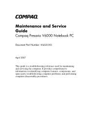 HP Presario V6500 Compaq Presario V6000 Notebook PC Maintenance and Service Guide
