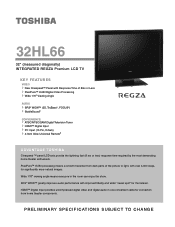 Toshiba 32HL66 Printable Spec Sheet