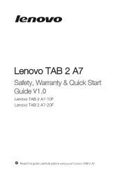 Lenovo TAB 2 A7-20 (English) Safety, Warranty & Quick Start Guide - Lenovo TAB 2 A7-10F/ TAB 2 A7-20F