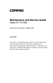 HP TC1000 Maintenance and Service Guide, Compaq Tablet PC TC1000