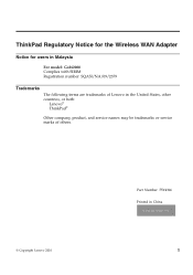 Lenovo ThinkPad T410s Regulatory Notice for Wireless WAN Adapter (Gobi2000/Qualcomm - Malaysia)