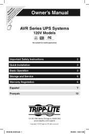 Tripp Lite AVR900UTAA Owner's Manual for AVR Series UPS 932974