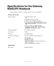 Gateway M305 Gateway M305 Specifications