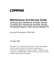 Compaq Evo n1020v Compaq Evo Notebook N1020v Series, N1000v Series and Compaq Presario 1500 Series Maintenance and Service Guide