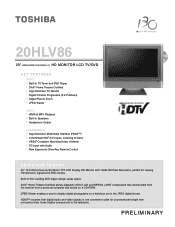Toshiba 20HLV86 Printable Spec Sheet