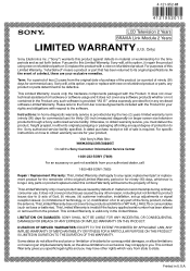 Sony KDL-46WL140 Limited Warranty (U.S. Only)