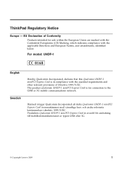 Lenovo ThinkPad T400s Regulatory Notice for Qualcomm UNDP-1 miniPCI Express Card
