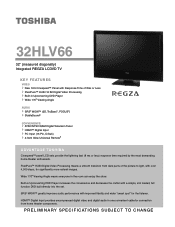 Toshiba 32HLV66 Printable Spec Sheet