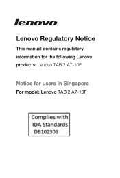 Lenovo Tab 2 A7-10 Lenovo TAB 2 A7-10 Regulatory Notice (Singapore)