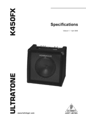 Behringer ULTRATONE K450FX Specifications Sheet