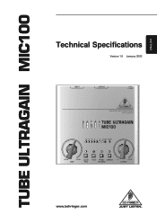 Behringer TUBE ULTRAGAIN MIC100 Specifications Sheet