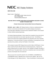NEC LCD205WNXM-BK NEC MULTISYNC 5-SERIES WINS DESKTOP ENGINEERING READER'S CHOICE AWARD FOR MARCH 2008