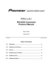 Pioneer PRV-LX1 PRV-LX1 RS-422A Command Protocol Manual