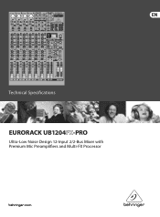 Behringer EURORACK UB1204FX-PRO Specifications Sheet