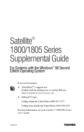 Toshiba 1805-S274 Windows 98SE Supplemental User's Guide for Satellite 1800/1805