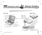 Lenovo ThinkPad 380E TP 380Z Setup Guide that was provided with the system in the box. It provides front and rear views of system features as well as