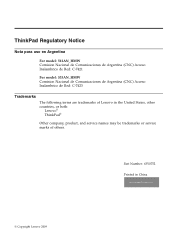 Lenovo ThinkPad SL300 Regulatory Notice