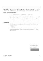 Lenovo ThinkPad X100e Regulatory Notice for Wireless WAN Adapter (Gobi2000/Qualcomm - Thailand)
