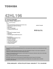 Toshiba 42HL196 Printable Spec Sheet