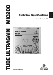 Behringer TUBE ULTRAGAIN MIC200 Specifications Sheet