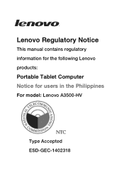 Lenovo A7-40 Lenovo  A7-40/A7-50 Regulatory Notice (Philippines)