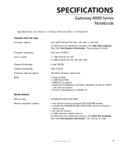 Gateway 4540 Gateway 4000 Series Notebook Specifications