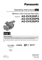 Panasonic AG-DVX200 Operating Instructions - Volume 1