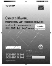 Toshiba 62HMX94 Owner's Manual - English
