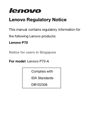 Lenovo P70-A Regulatory Notice (Singapore) - Lenovo P70-A Smartphone