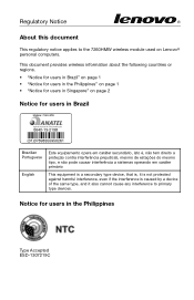 Lenovo ThinkCentre M53 (7260HMW wireless module) Regulatory Notice