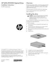 HP ProLiant ML10 HP SATA DVD RW Optical Drive Installation Instructions for HP ProLiant Servers