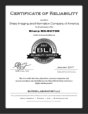 Sharp MX-6070N Reliability Certificate
