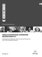Behringer SINGLE DIAPHRAGM CONDENSER MICROPHONE B-5 Specifications Sheet