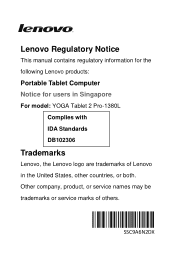 Lenovo Yoga 2 Pro-1380 Lenovo Yoga Tablet 2 Pro 1380 Regulatory Notice (Singapore)