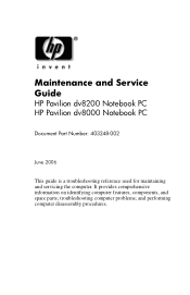 HP Pavilion dv8200 HP Pavilion dv8200 Notebook PC, HP Pavilion dv8000 Notebook PC - Maintenance and Service Guide