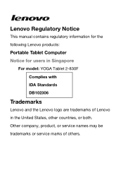 Lenovo Yoga 2-1050 Yoga Tablet 2 830F/LC 1050F/L Regulatory Notice (Singapore)